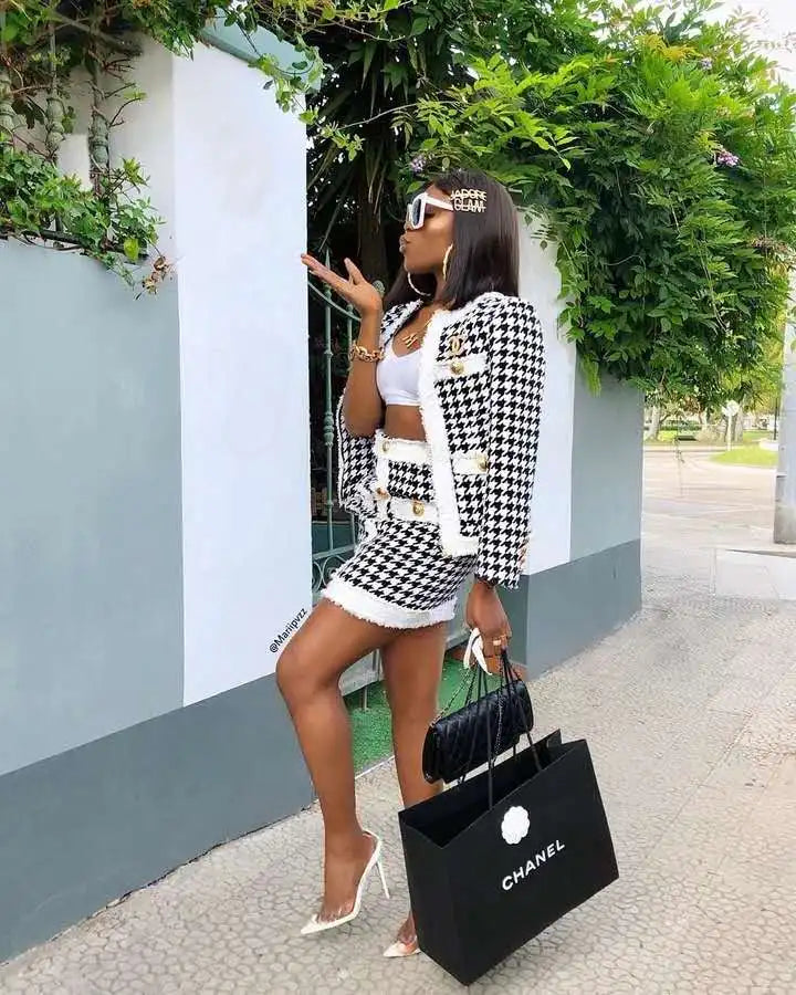 Black and White Houndstooth Skirt And Cropped Blazer Set