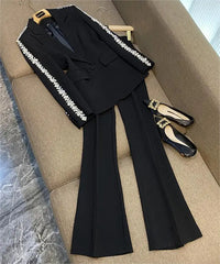 Embroidered Ornate Sleeves Black and White Pant Suit Set