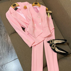 British Style 3-Piece Suit Double-Breasted Vest Soft Pink and Regular fit Pants