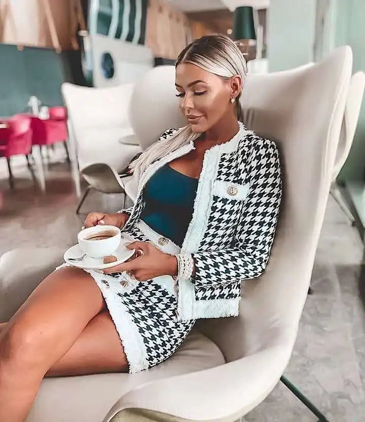 Black and White Houndstooth Skirt And Cropped Blazer Set