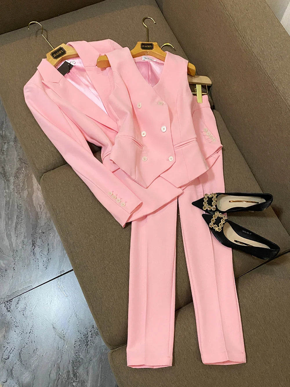 British Style 3-Piece Suit Double-Breasted Vest Soft Pink and Regular fit Pants