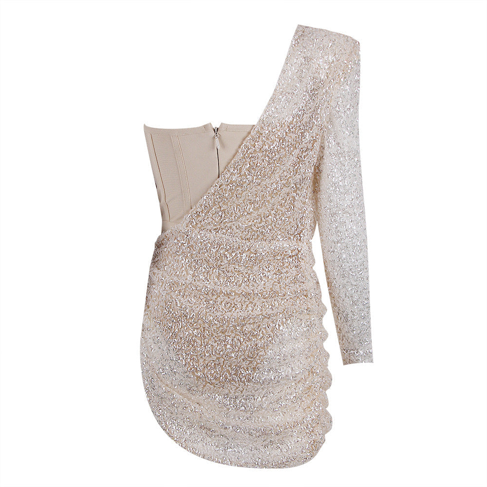 Sequined Oblique Shoulder Mini Dress